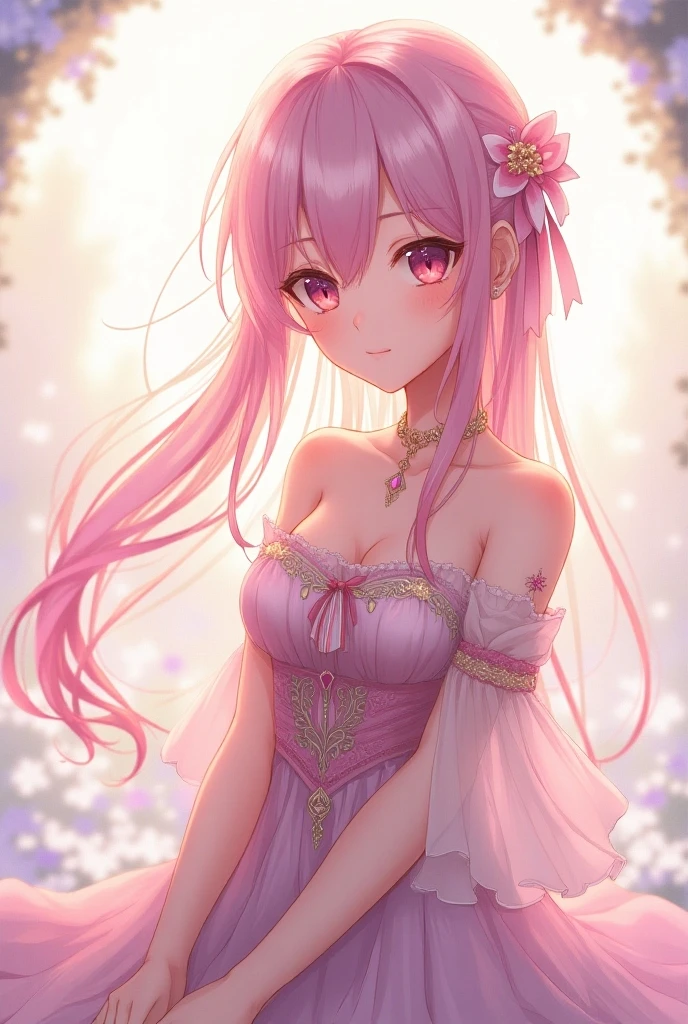 1girl (masterpiece, round_iris, extremely crisp crystalline shiny purple eyes, perfect_???????, extremely_captivating_hypnotic_mystic_eyes,) perfect face, long pastel pink hair, smiling evil, big breasts, pink dress with hearts, ballons, roses, hearts, valentines day, reds and pinks, dynamic pose, gamer girl, picknick, outside, park, lots of flowers, best quality, 4k