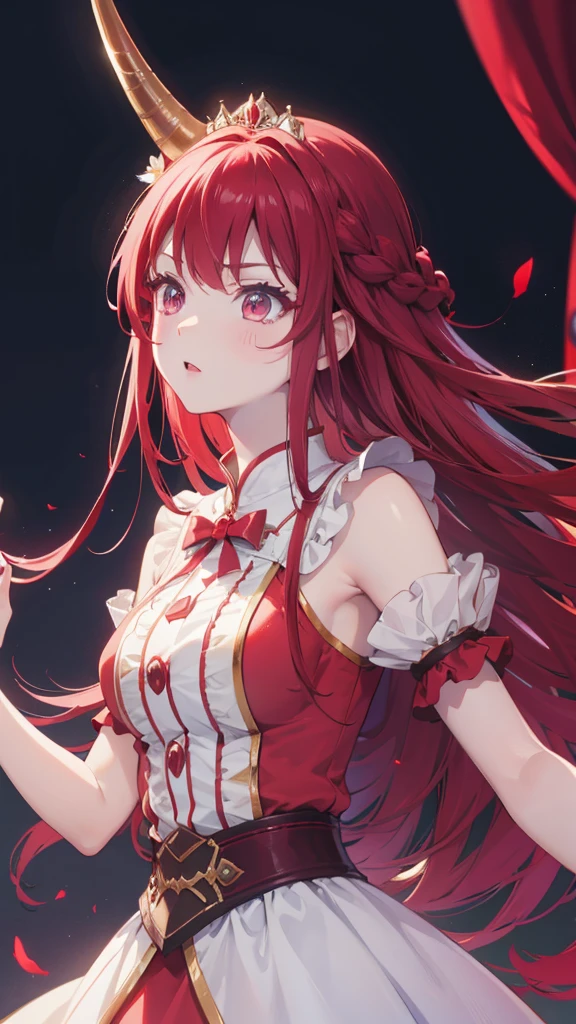 best quality, masterpiece,red hair, horn,princess clothes, look up, ,Hair,White skin, ambitious expression