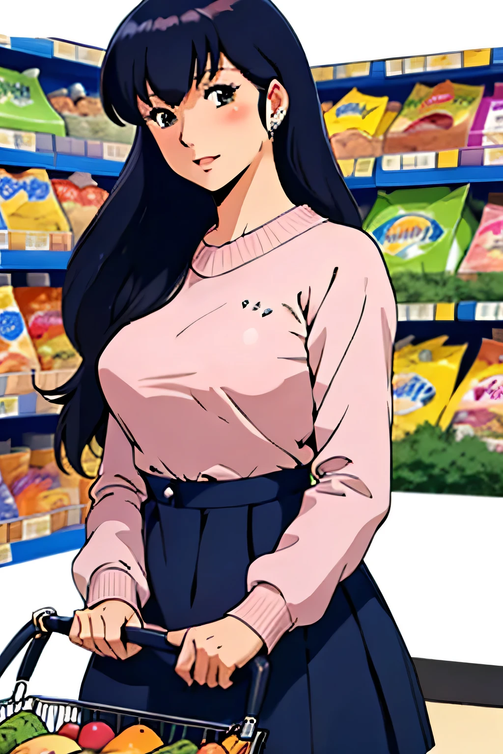 ((Best Quality)), ((masterpiece)), (  Details), 1 female、 widow、Kyoko Otonashi、Shopping at the supermarket、sweater、skirt、shame、The pleasure of exposure、blush、I have a shopping basket、Shoplifting