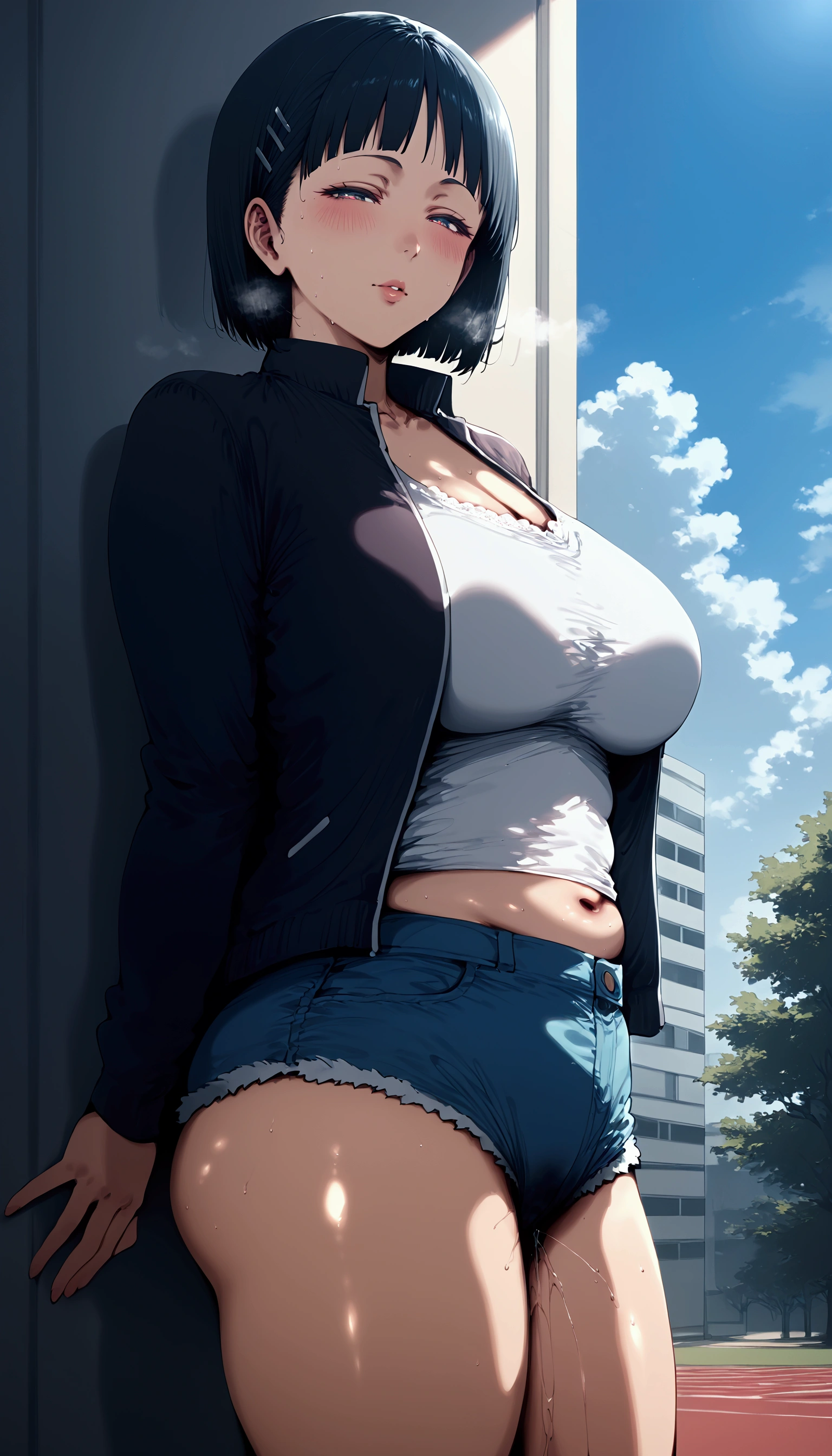 score_9, score_7_up, uncensored, kirigaya_suguha, breasts, shorts, black_hair, large_breasts, short_hair, jacket, cleavage, outdoors, hair_ornament, short_shorts, hairclip, looking_at_viewer, shirt, white_shirt, track_jacket, day, 2girls, denim_shorts, multiple_girls, black_eyes, open_clothes, building, red_jacket, bangs, denim, open_jacket, solo_focus, collarbone, long_sleeves, cowboy_shot, cutoffs, standing, blue_shorts, bob_cut, thighs, tree, sky, cloud, blunt_bangs, closed_mouth, BREAK detailed eyes, beautiful eyes, perfect eyes, assertive female, (perfect hands, perfect anatomy), detailed skin texture, (blush:0.5), (goosebumps:0.5), excessive sweating, sweating profusely, sweating drop BREAK, 1girl, panties, underwear, breasts, solo, female pubic hair, pubic hair, panty pull, sweat, pussy juice, looking at viewer, blush, from side, steaming body, standing, parted lips, plump, long sleeves, thighs, heavy breathing, lips, pussy juice trail, ass, half-closed eyes, curvy, thick thighs, ribbon, against wall, pink panties, collared shirt, mismatched pubic hair, school uniform
