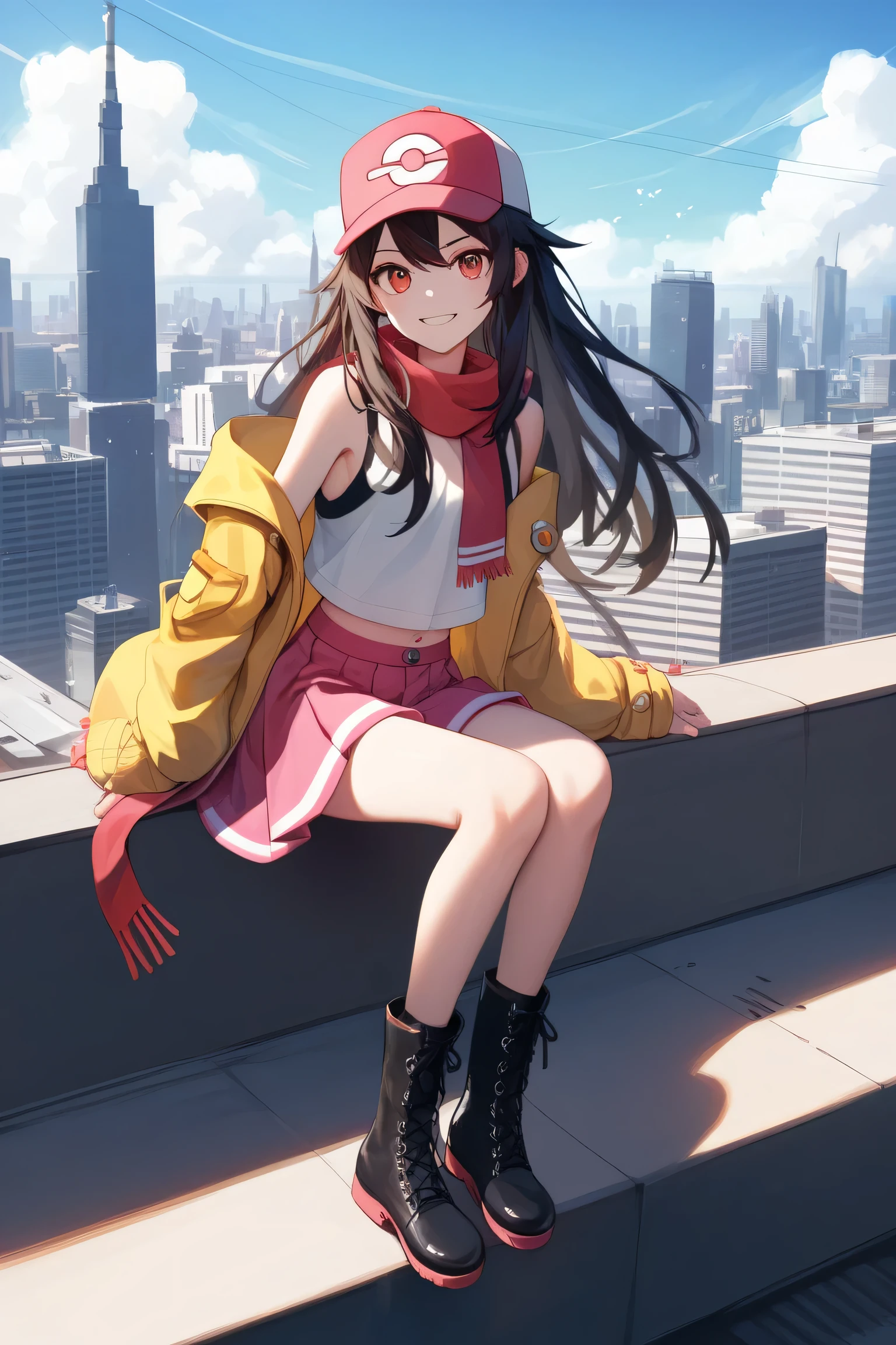 masterpiece, Best Quality,  1 girl, ( Pokémon),  cap, wide, green, greenい目, Long Hair, 白い sleevelessのタートルネックトップ,  miniskirt,  Pink Skirt, Red scarf,  sleeveless,  black boots, smile,  staring at the viewer , City Background, sexy