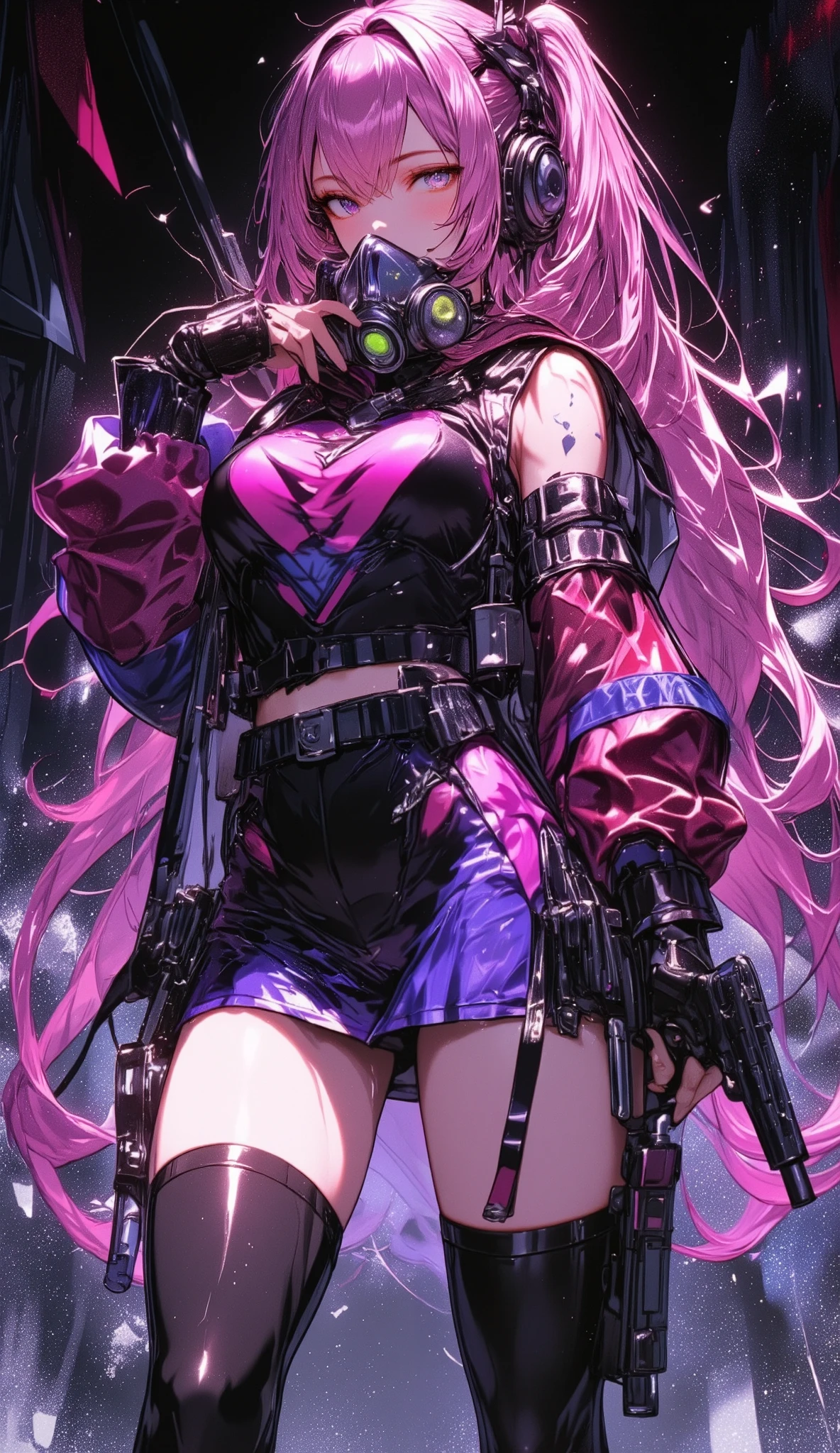 1girl,gal,,sitting,foot focus,large breasts,very long hair,pink hair,side ponytail,naughty face,heterochromia,glistening clothing,gas mask,holding weapon,handgun,sexy,sexy pose,sweat,steam,(masterpiece,best quality,finely detailed skin,ultra detailed,super fine illustration),Black aura background