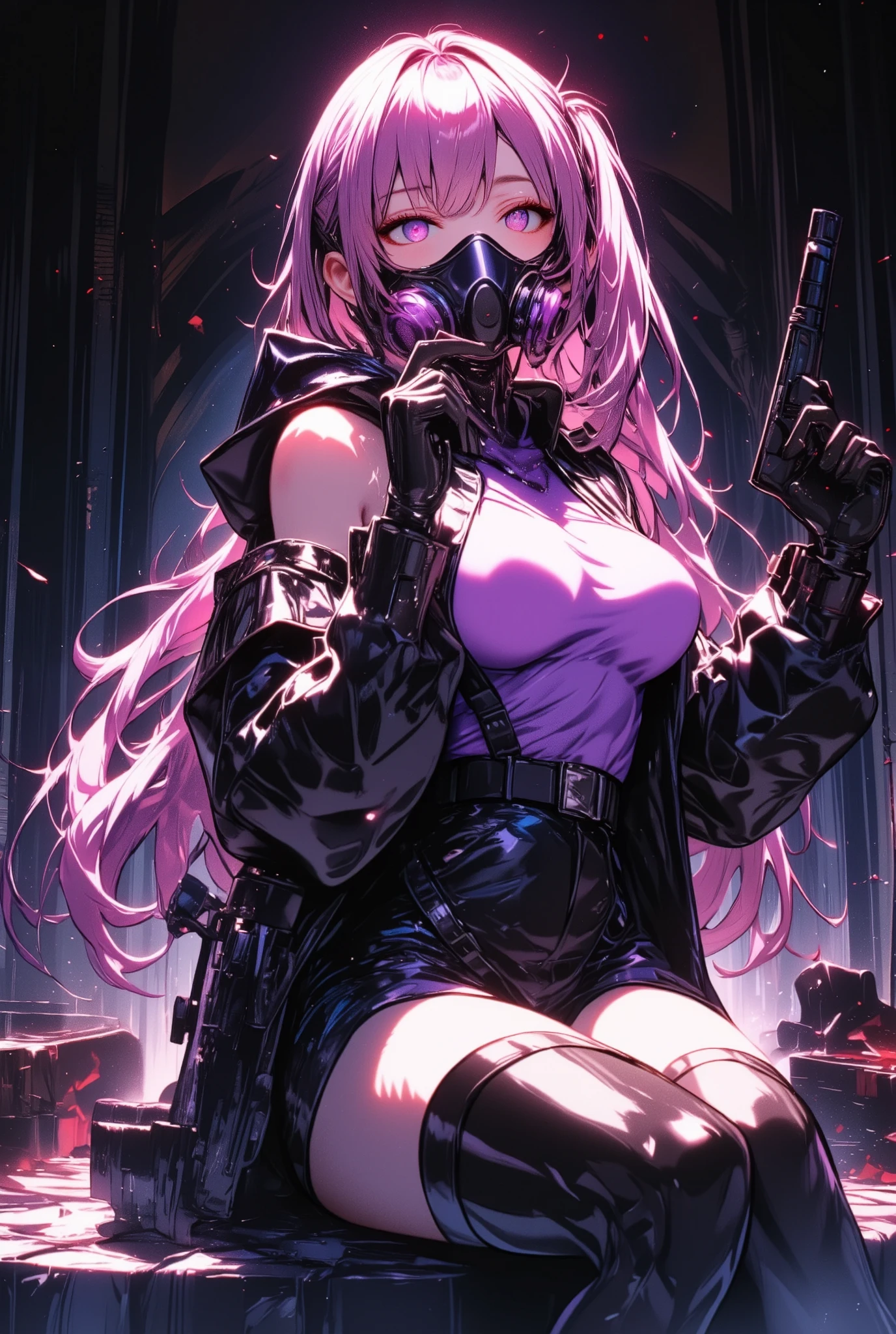 1girl,gal,,sitting,foot focus,large breasts,very long hair,pink hair,side ponytail,naughty face,heterochromia,glistening clothing,gas mask,holding weapon,handgun,sexy,sexy pose,sweat,steam,(masterpiece,best quality,finely detailed skin,ultra detailed,super fine illustration),Black aura background