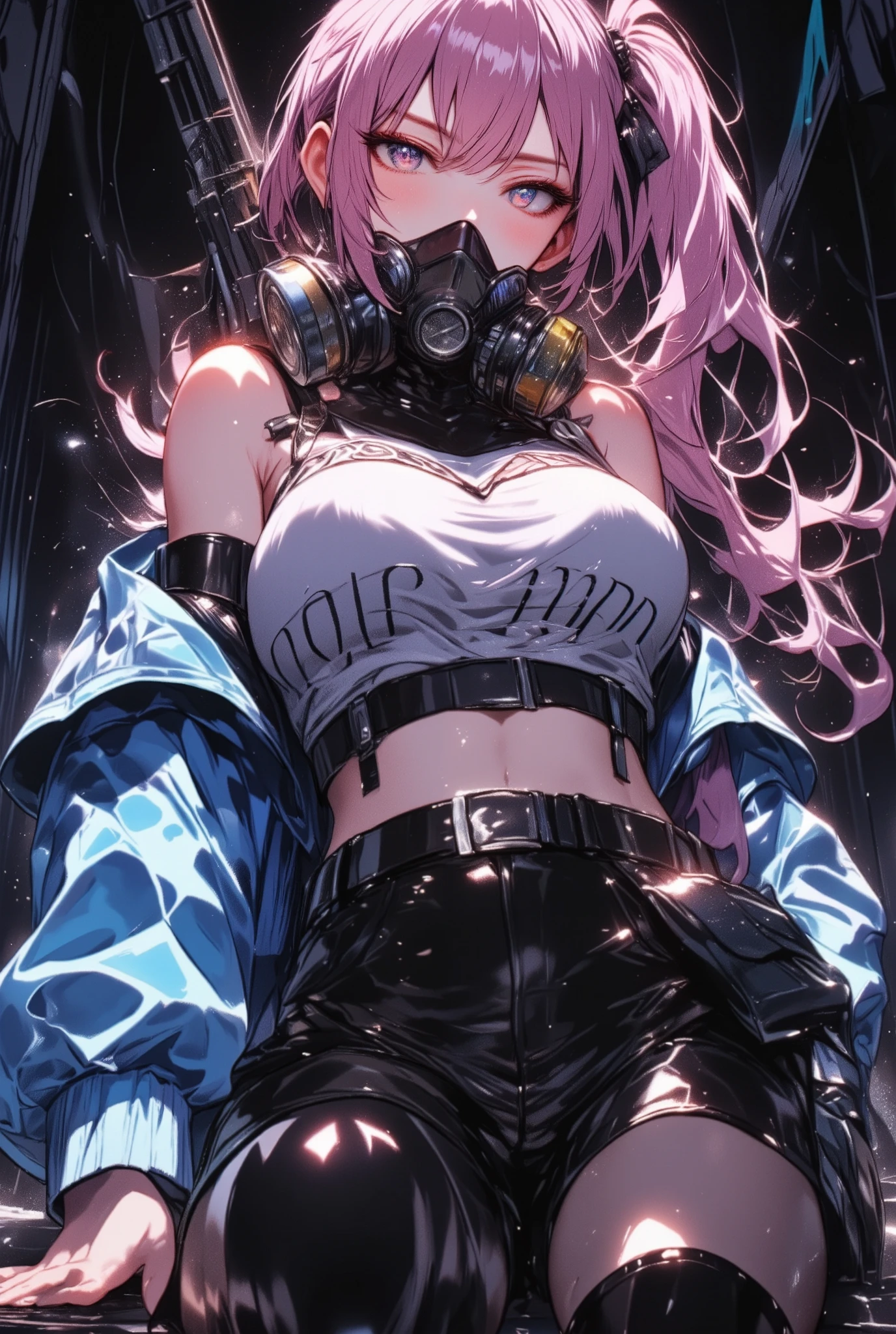 1girl,gal,,sitting,foot focus,large breasts,very long hair,pink hair,side ponytail,naughty face,heterochromia,glistening clothing,gas mask,holding weapon,handgun,sexy,sexy pose,sweat,steam,(masterpiece,best quality,finely detailed skin,ultra detailed,super fine illustration),Black aura background