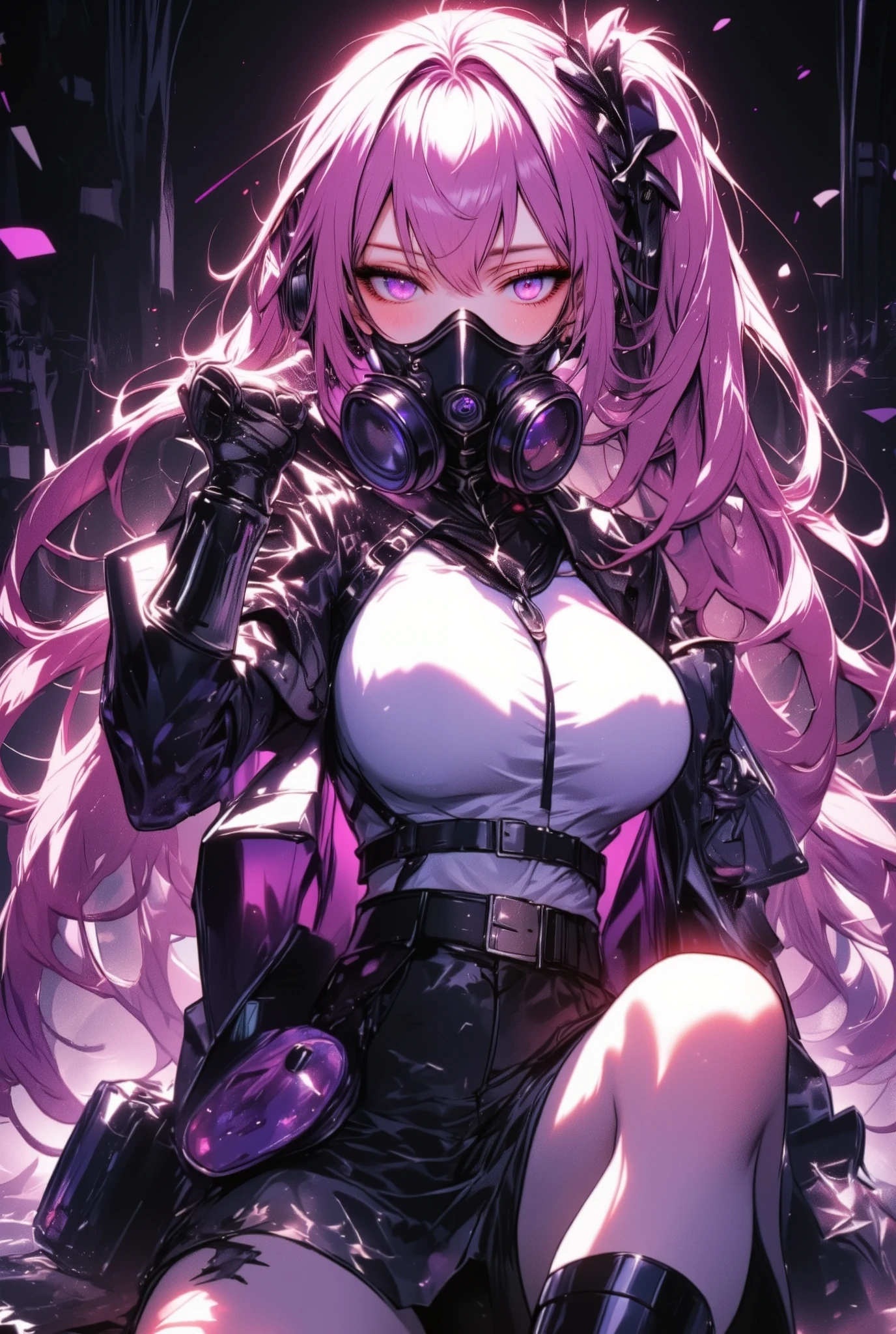 1girl,gal,,sitting,foot focus,large breasts,very long hair,pink hair,side ponytail,naughty face,heterochromia,glistening clothing,gas mask,holding weapon,handgun,sexy,sexy pose,sweat,steam,(masterpiece,best quality,finely detailed skin,ultra detailed,super fine illustration),Black aura background