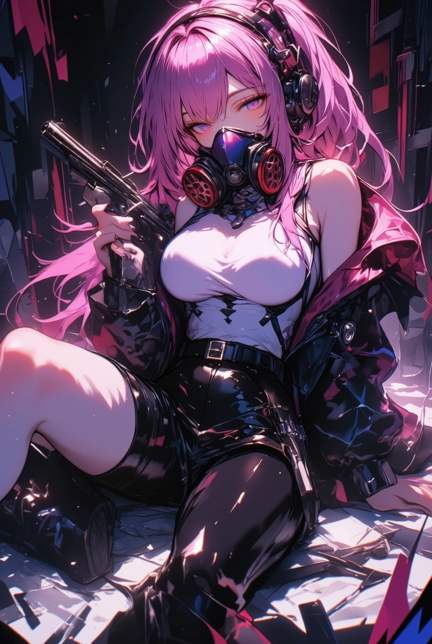 1girl,gal,,sitting,foot focus,large breasts,very long hair,pink hair,side ponytail,naughty face,heterochromia,glistening clothing,gas mask,holding weapon,handgun,sexy,sexy pose,sweat,steam,(masterpiece,best quality,finely detailed skin,ultra detailed,super fine illustration),Black aura background