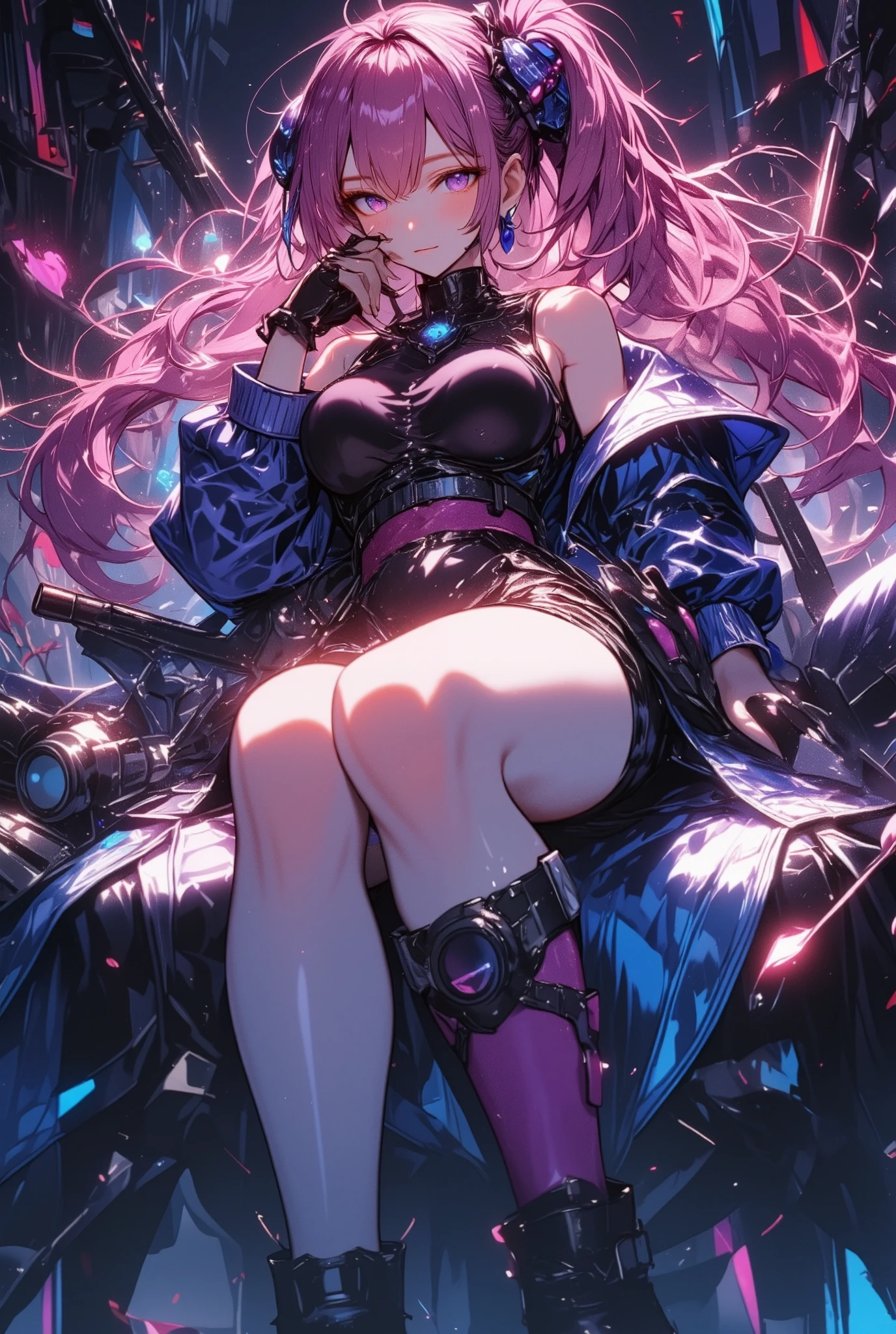 1girl,gal,,sitting,foot focus,large breasts,very long hair,pink hair,side ponytail,naughty face,heterochromia,glistening clothing,gas mask,holding weapon,handgun,sexy,sexy pose,sweat,steam,(masterpiece,best quality,finely detailed skin,ultra detailed,super fine illustration),Black aura background