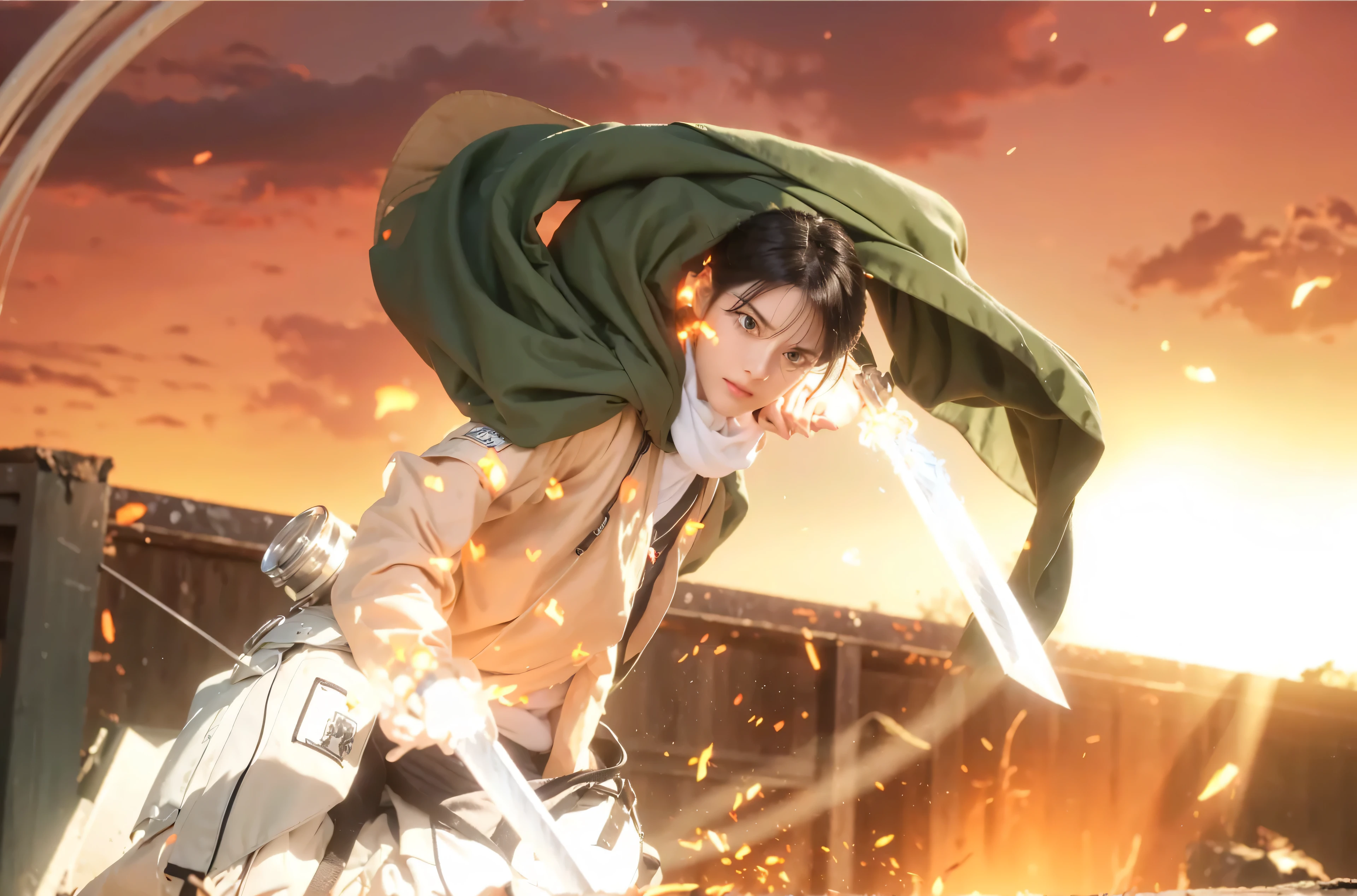 ((LEVI ACKERMAN_SHINGEKI NO KYOJIN)((realistic, photorealistic)),(highlight hair)), Light reflection, (( HD )),((upper body)), (((best quality, masterpiece))), (masterpiece) (best quality) (detail) (8k) (HDR) (wallpaper) (cinematic lighting) (sharp focuasterpiece, best quality: 1.1), Real life adaption of this character, realistic outfit, realistic shadow, realistic light, realism, hyper realistic, realistic background,realistic hair,(photorealistic:1.2), (masterpiece: 1.2), (best quality: 1.3), (clear details: 1.3), ((((ultra-detailed)))), ((detailed eyes)), (extremely detailed face:1.4), (highly detailed eyelash:1.6), Ada_re4, (sitting),(beautiful face:1.5), (Masterpiece, Top Quality: 1.2),masculine male, masterpiece, ((perfect eyes)) best quality, (semirealism:1.9), beautiful lighting, (extremely detailed CG unity 4k fhd wallpaper), High Detail, Sharp focus, dramatic outdoors, 1 boy , white hair, light purpel eyes, smile. Attack on titan logo on sleeve
1boy, levi ackerman, Super Deformed Character, levi from anime attack on titan, sword in hand vertical maneuvering equipment, narrow, intimidating dull gray eyes with dark circles under them and a deceptively youthful face, frowning or expressionless, in his Survey Corps uniform with green hooded cloak, serious mood, awesome full color, high quality, highly detailed, 8K Ultra HD,Sunset rays, brick walls, fire particles,Sword slash, blood splash, splash