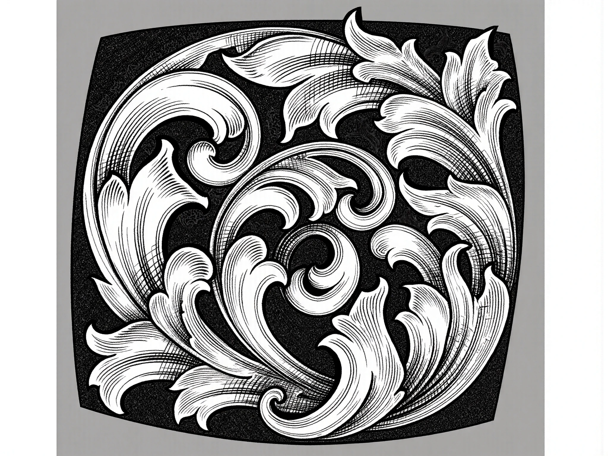 Complex scroll on steel with multi ends and leaves with overlapping paths  with defind hatch lines