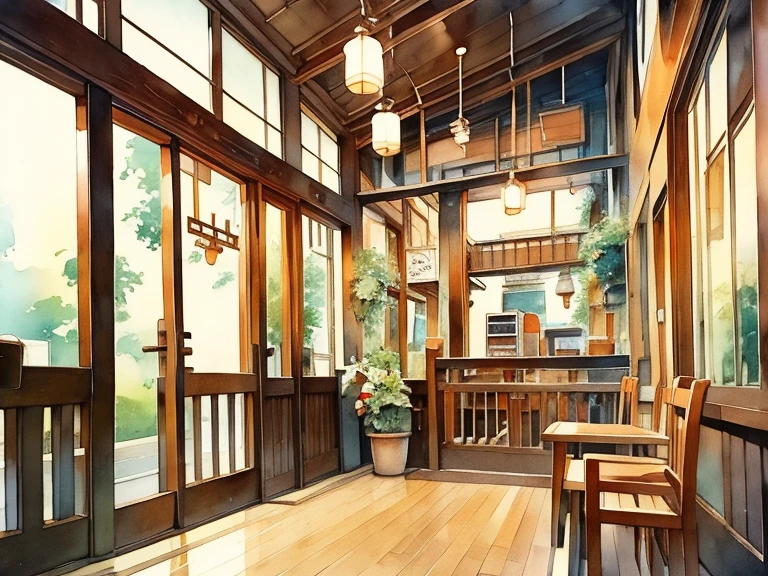  Coffee shop scenery,   coffee shop、Retro Cafe、 studio Ghibli  , Soft light and dark 