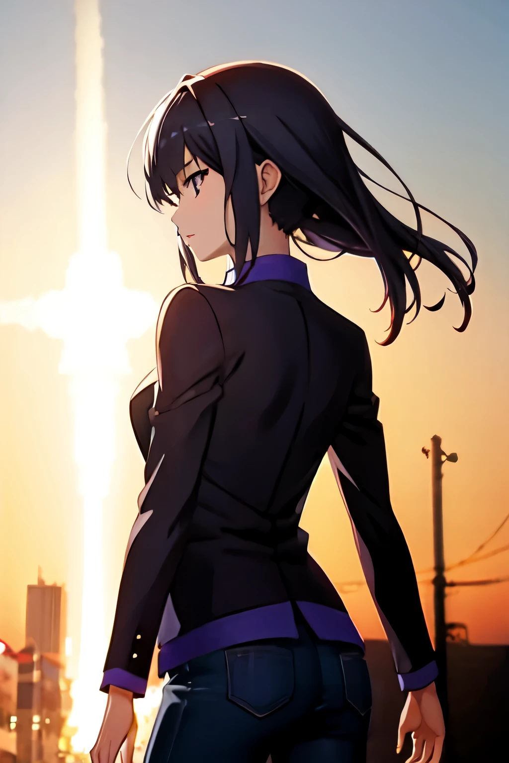 （tmasterpiece，best qualtiy），独奏，1girll，19years old，petite，The look of a smile，looking at viewert，Brown eyes，long whitr hair，Completely black hair，Qi bangs，Commercial suit top，black long sleeves（The best quality），black short skirt，With translucent sunglasses on his face，beautidful eyes，Only 2 arms，Only two hands，arms stretched wide，Black star earrings， The background is the ruins of the doomsday wind，The light from the back window is backlighted，（Wallpapers）， （8k hdr）， （8k hdr）