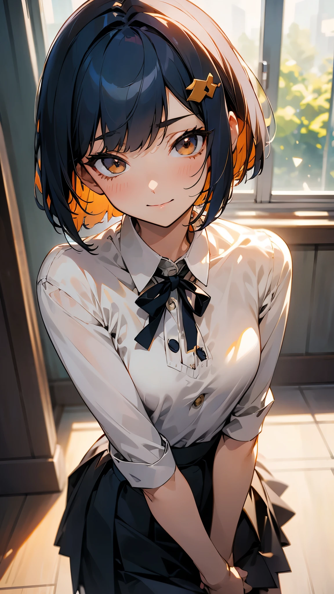 Anime-style paintings、 very beautiful detailed face and eyes、 bright color、 1 girl 、 cute face、 Delicate and Beautiful Face 、 dark blue hair 、 bob cut、 jet black brown eyes 、 orange hair ornament 、Blouse shirt、skirt、Medium Breast、( tight chest:1.1)、(Pointed Chest:1.1)、medium waist 、Attractive body、smile、Small ribbon、 The Real World、Natural Light、 full light、