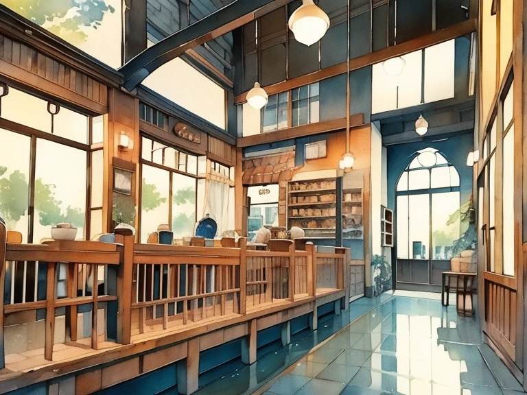  Coffee shop scenery,   coffee shop、Retro Cafe、Modern feel、 studio Ghibli  , Soft light and dark 