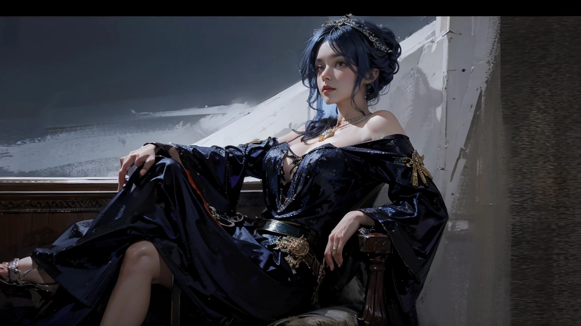  rich aunt with dark blue hair，The background is Constantinople at night， serious expression ，(From the side:1.2)