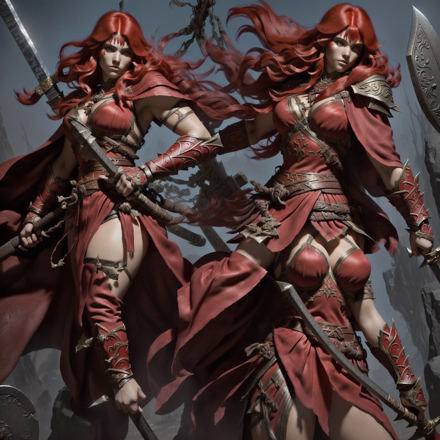 a woman with red hair and a red cape is posing, north adult female warrior, portrait of a barbarian female, female barbarian, full body xianxia, warrior outfit, very beautiful female barbarian, female warrior, female character, fighting game character, barbarian warrior woman, render of mirabel madrigal, fantasy character, portrait of a barbarian woman, a beautiful woman warrior