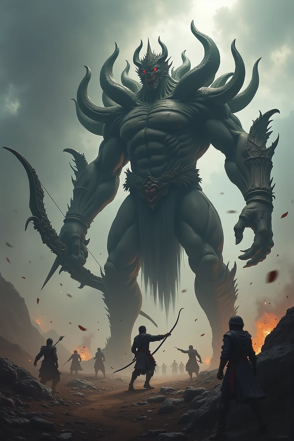 Generates a Villain from another planet who has super strength, Is high, has deadly spikes on its armor, has an armed army, wants to conquer the land, He is almost immortal and has 4 arms