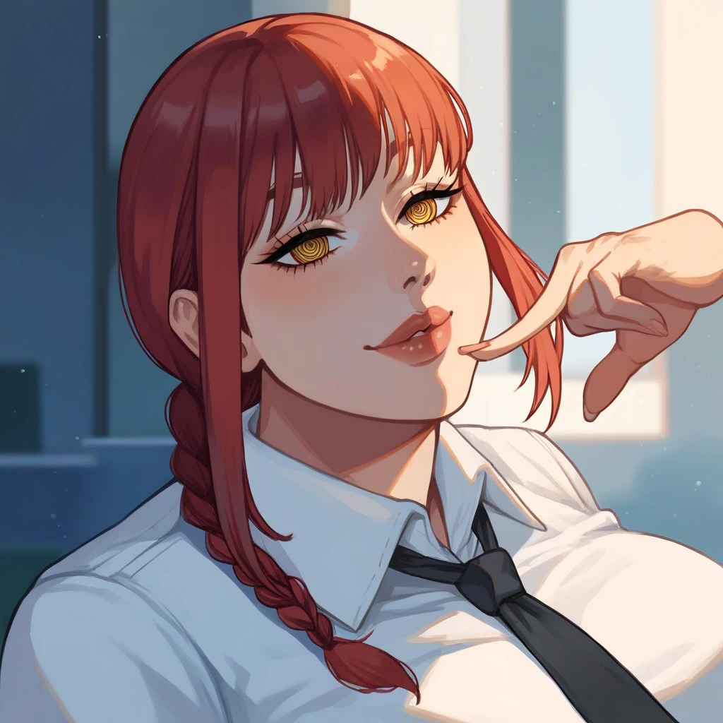 score_9, score_8_up, score_7_up, score_6_up, score_5_up, score_4_up, BREAK source_anime,rating_explicit,a girl,woohyoot ,
,(portrait,makima \(chainsaw man\),  )
,lips, thick lips,plump,
,curvy,
,collared shirt, necktie, black necktie,
ringed eyes, braided ponytail, formal,
, long hair,bangs,office lady, 
,happy,looking at viewer,facing viewer,outdoors,
