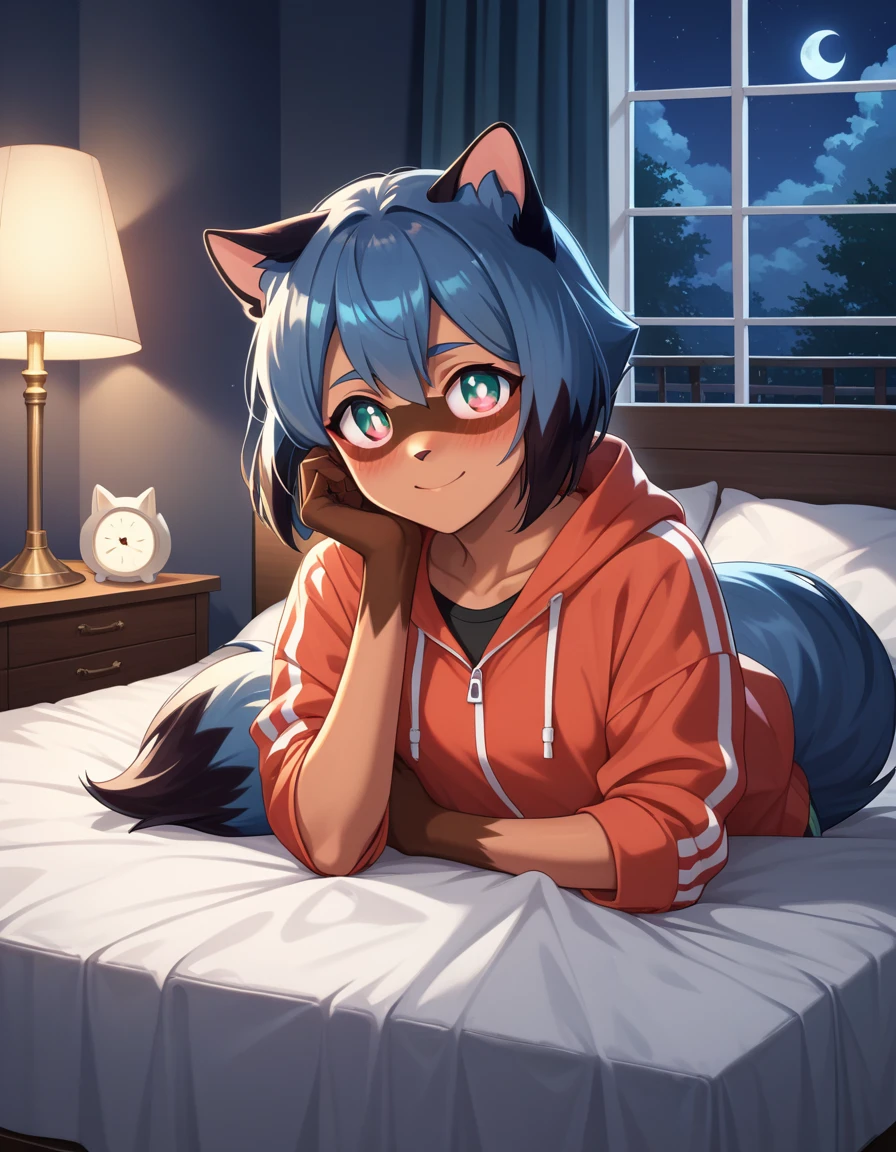 score_9, score_8_up, score_7_up, source_furry, rating_safe, kagemori michiru,  detailed background, bedroom, night, moonlight, blush, beige pupil, masterpiece, best quality, amazing quality, very aesthetic, absurdres, fluffy fur