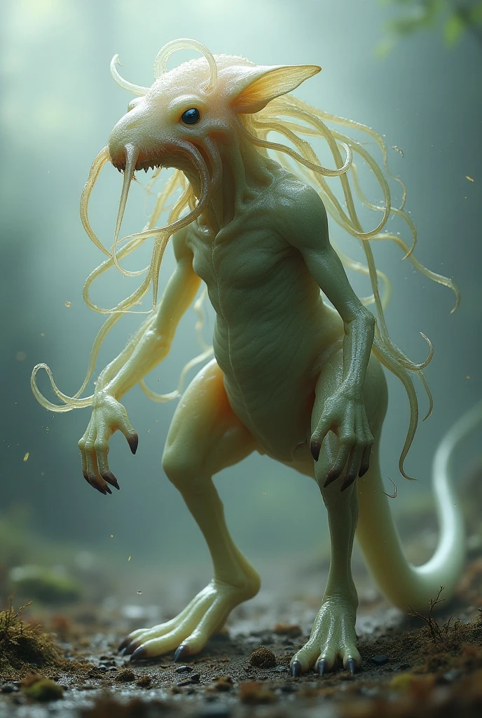 (masterpiece, best quality, 4k, hyperrealistic, dreamlike, Giger style:1.35), (precious vulnerable pale albino ageless immortal weak lithe slender androgynous male parasitic impotent god with claws (sharp teeth) (long tentacle hair) (beautiful eyelat chest) male crotch bulge soft belly weak stomach and groin pain:1.5)