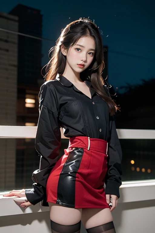 a thailand woman model stands on a balcony,25 year old,pale skin, her long-haired brown hair cascades over her shoulders. She is dressed in a invisible black long-sleeved Very short t-shirt, a vibrant red corset, and a black skirt adorned with black stripes. Her skirt is tied at the waist with a black string, adding a touch of contrast to her outfit. The backdrop is blurred, creating a stark contrast to the model.