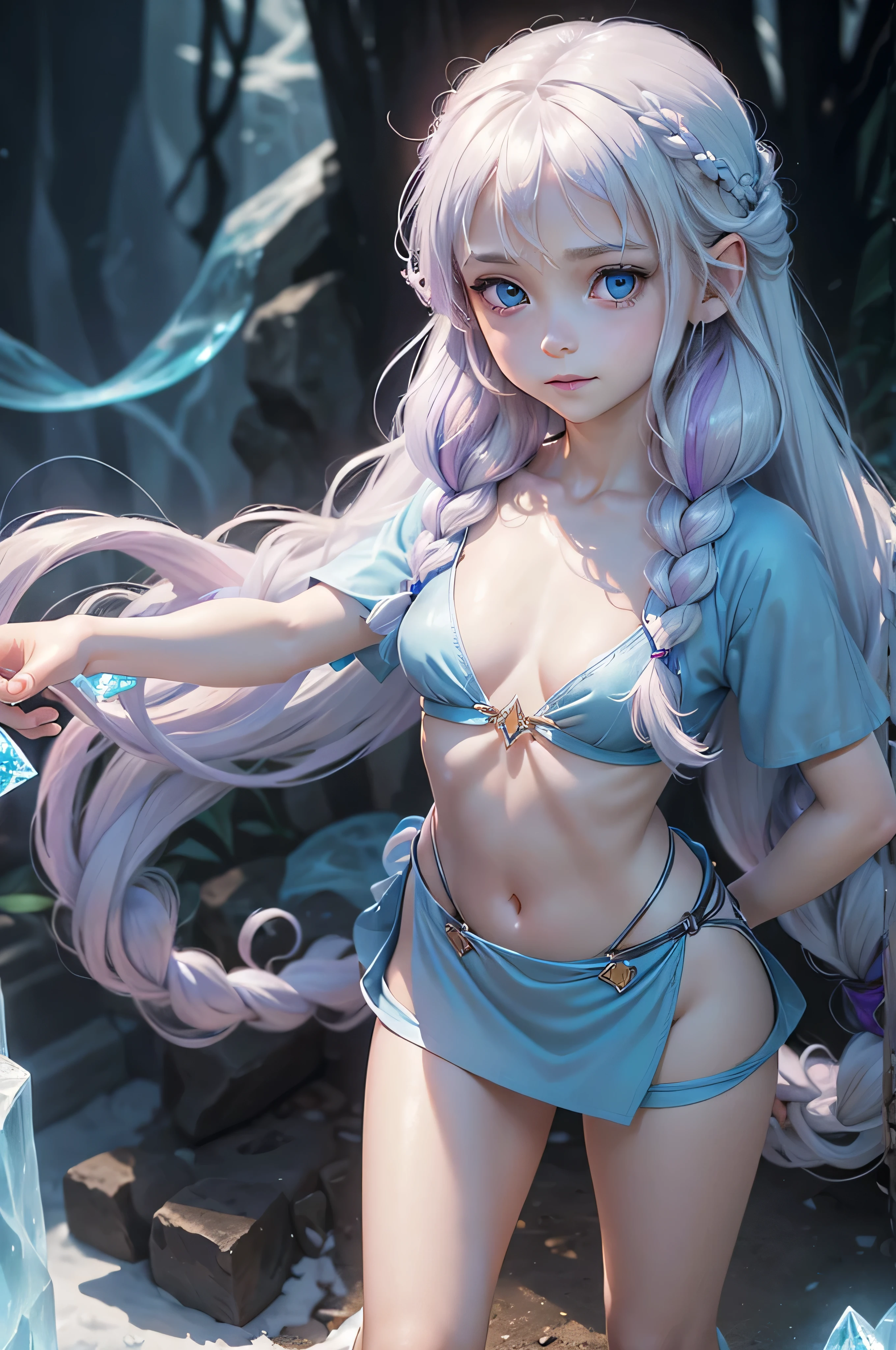 white skin, (light purple hair), (((7ars old girl))), light blue eyes, long hair, (sleek and straight hairstyle), ((ice spell)), jungle, (small breast), ((black tunic)), ((cleavage)), ((((very tiny body)))), short sleeve, ((very shy)), (((ice))), big eyes, braided hair, sweet smile