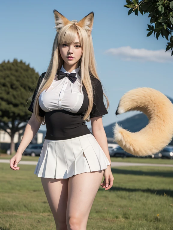 ((Highest quality, 8k)), ((masterpiece)), (Highest Resolution), Perfect Face, Fox Girl, high school girl, Beautiful woman, public, One tail, she has thick thighs, Big tail, She has a yellow fox tail., She wags her tail, smile, Fur collar, She is wearing a short skirt, Beautiful Hips , Big Breasts, The skirt is rolled up at her tail