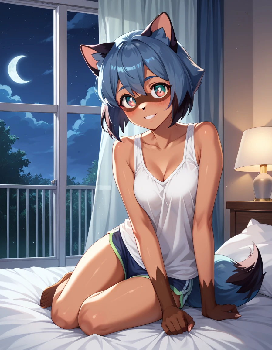 score_9, score_8_up, score_7_up, source_furry, rating_safe, kagemori michiru,  detailed background, bedroom, night, moonlight, blush, beige pupil, masterpiece, best quality, amazing quality, very aesthetic, absurdres, fluffy fur