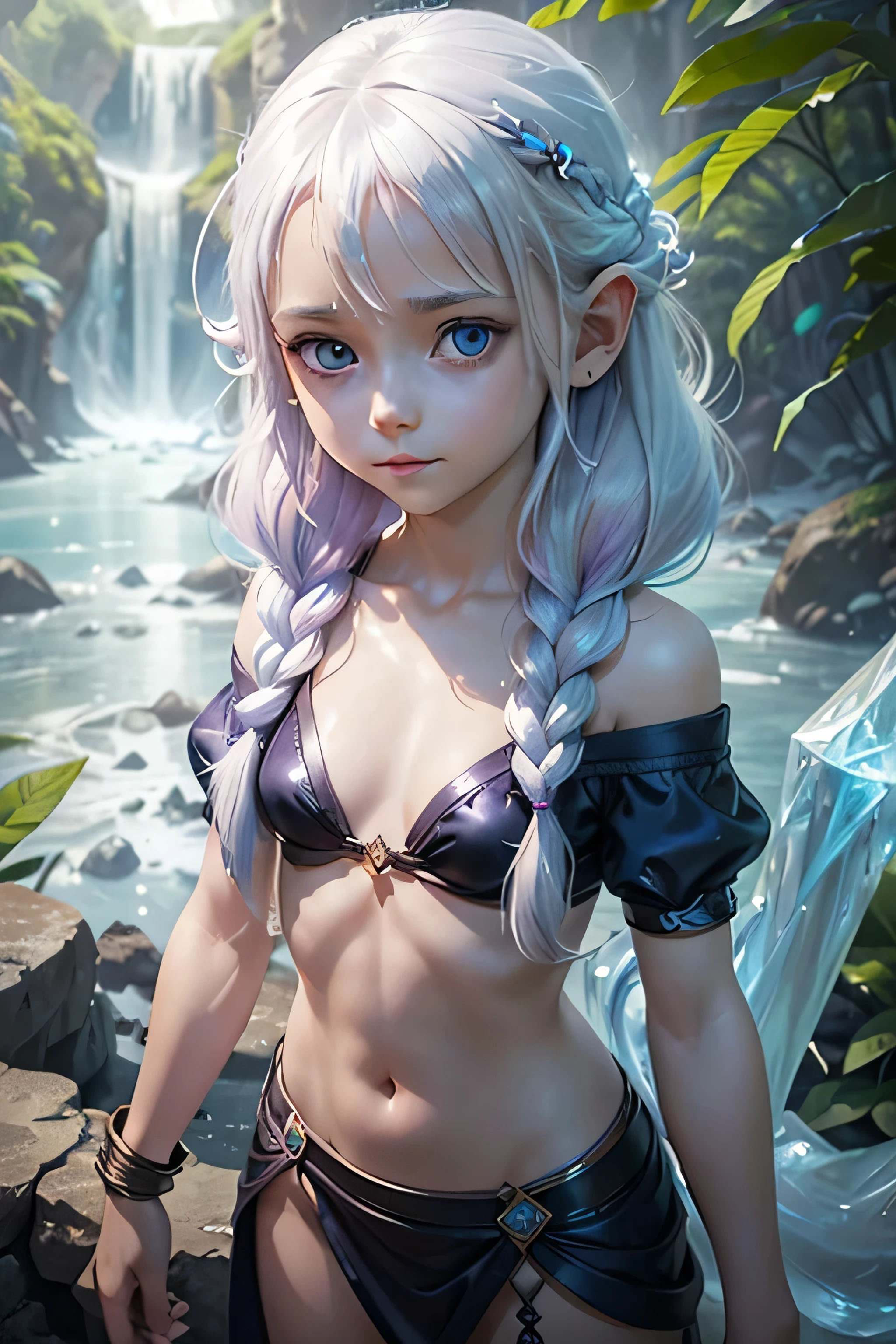 white skin, (light purple hair), (((7years old girl))), light blue eyes, long hair, (sleek and straight hairstyle), ((ice spell)), jungle, (small breast), ((black tunic)), ((cleavage)), ((((very tiny body)))), short sleeve, ((very shy)), (((ice))), big eyes, braided hair, sweet smile