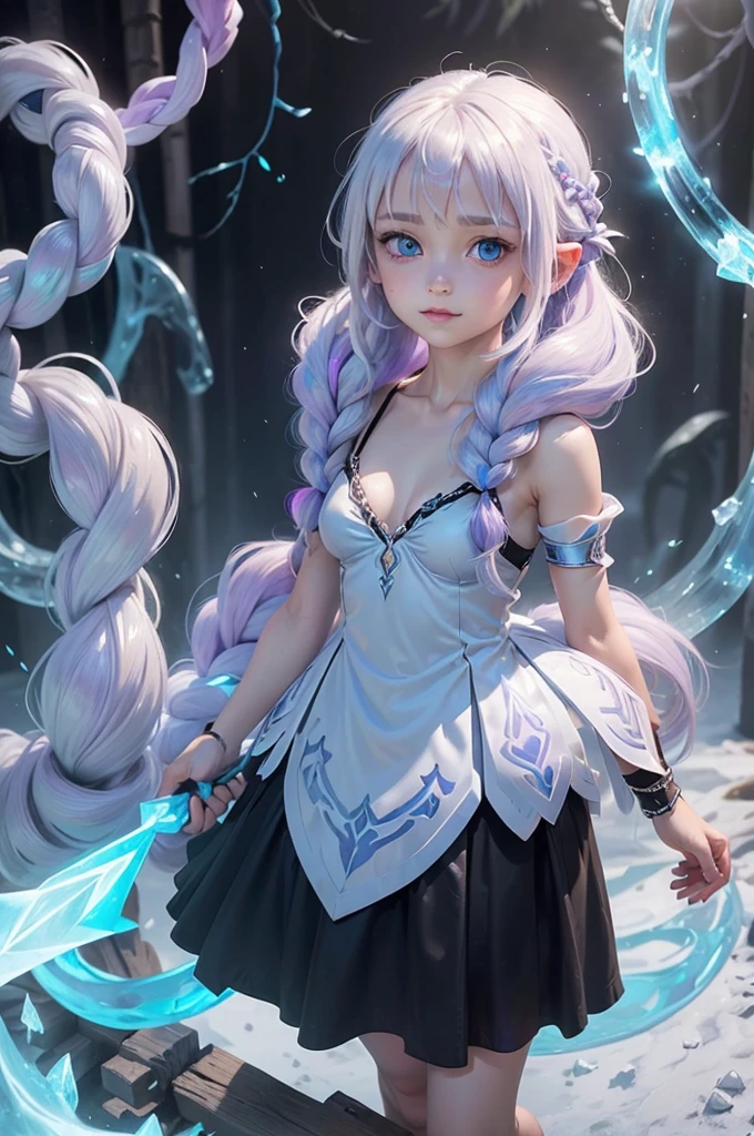 white skin, (light purple hair), (((7ars old girl))), light blue eyes, long hair, (sleek and straight hairstyle), ((ice spell)), jungle, (small breast), ((black tunic)), ((cleavage)), (((very tiny body))), short sleeve, ((very shy)), (((ice))), big eyes, braided hair, sweet smile