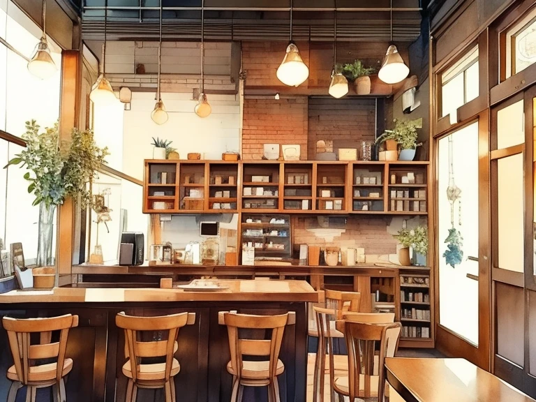  Coffee shop scenery,   coffee shop、Retro Cafe、Modern feel、There is a counter、There is a bookshelf、Soft light and dark 