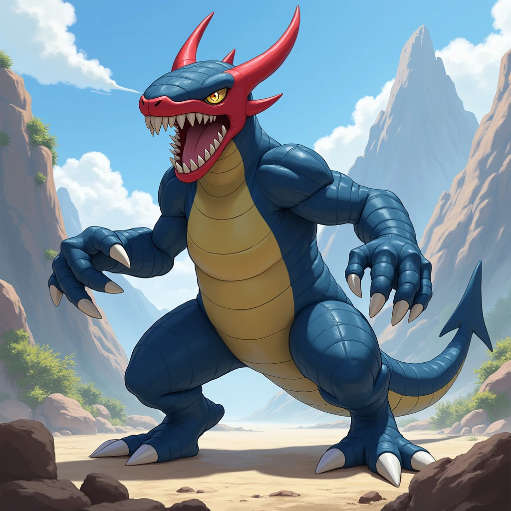 Fat Gargoyle, pokemon style, rigid, angular, face is crimson, blue body, fat yellow belly. Perching on all fours