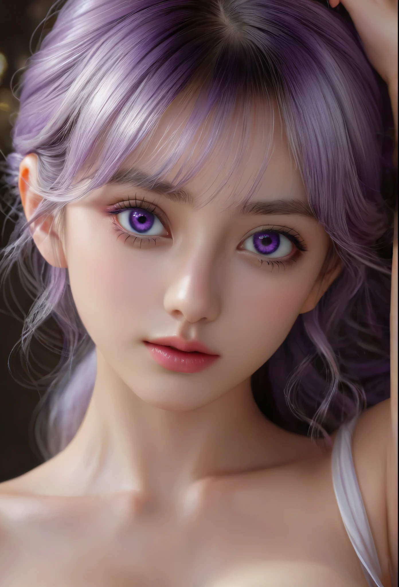  (hyperrealistic), (illustration), (high resolution), (8K), (extremely detailed), (best illustration), (beautiful detailed eyes), (best quality), (ultra-detailed), (masterpiece), (wallpaper), (photorealistic), (natural light), (detailed face), (high detailed realistic skin texture), (anatomically correct), (solo), (1 girl:1.52), (high detailed realistic hair), (white hair:1.35), (heterochromic eyes), (detailed eyes), (purple eyes:1.37), (sparkling eyes), (realistic huge breasts:1.53), (slender abs), (dynamic pose), (closed tiny mouth:1.3), (concentrated expression), (upon body from head to thigh:1.51), (dimple:1.34),kneeling,perfect body,anklets,armlets,