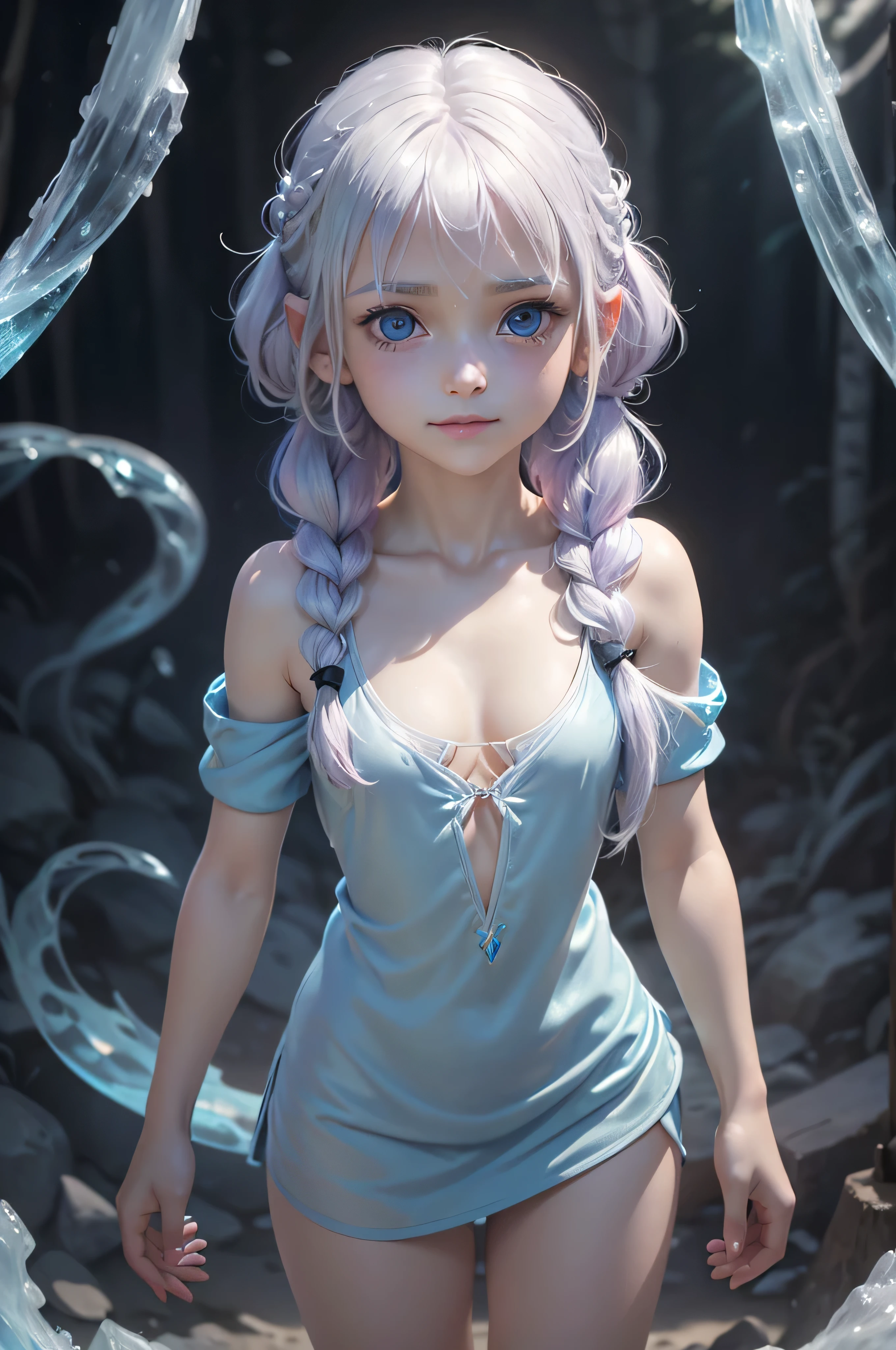 white skin, (light purple hair), (((7years old girl))), light blue eyes, medium hair, (sleek and straight hairstyle), ((ice spell)), jungle, (small breast), ((black tunic)), ((cleavage)), (((very tiny body))), short sleeve, ((very shy)), (((ice))), big eyes, braided hair, sweet smile