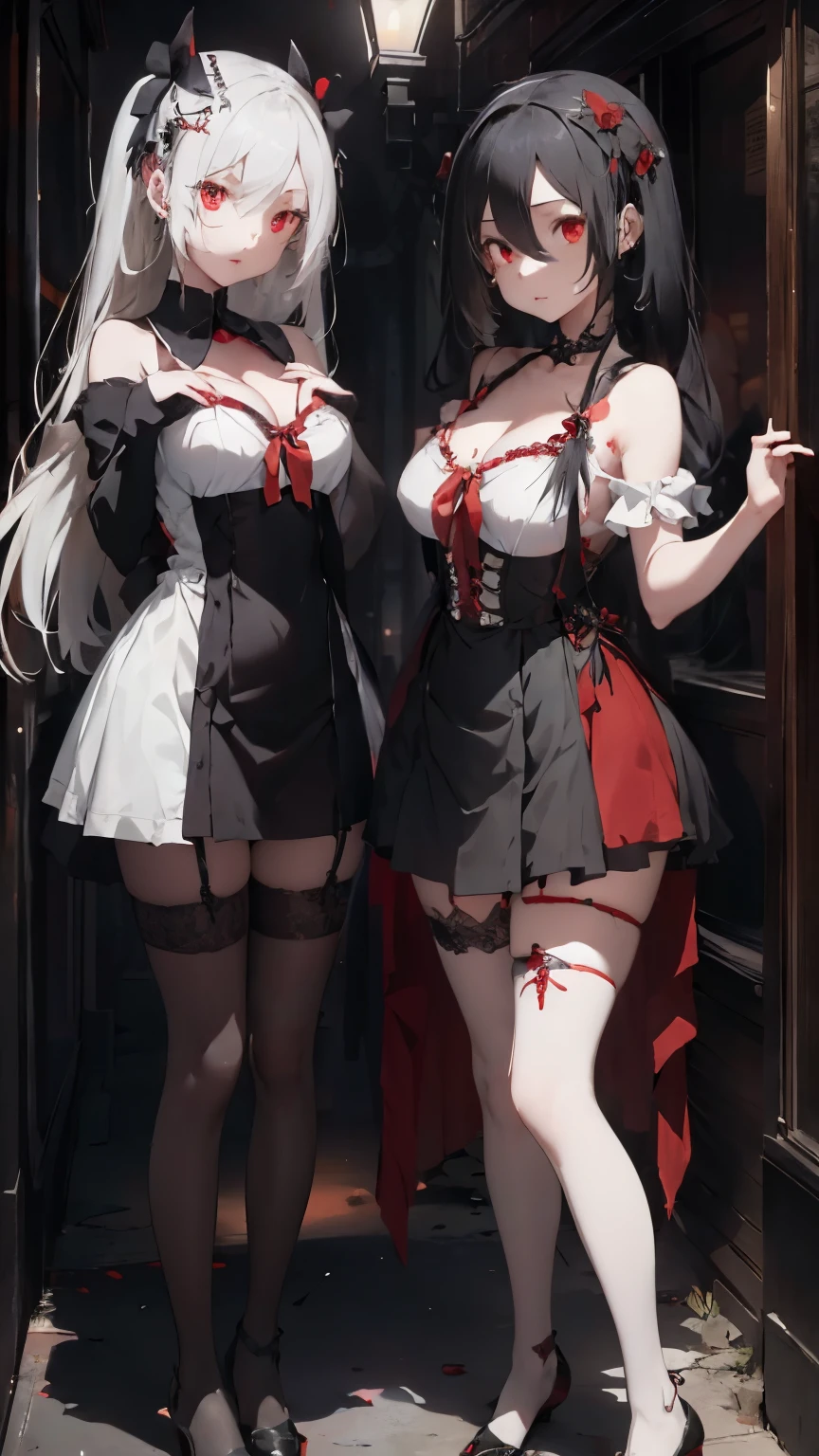 (highest quality), (masterpiece), 1080p, High resolution, 4K, 8k, ((Two Girls)), 並んでsit, talk, Have a mobile phone, ((Gothic Lolita)), Off the shoulder, Red nose, Lift Panties, Mid-chest, tights, Red ribbon, String, White panties, ((skirt)), Shoot from the front, I'm worried, ((Short black hair)), Side Up, Blunt bangs, Embarrassing, Panicked, whole body, 18-year-old, stockings, Crowded train, sit, night, Shot in close-up, Earrings, accessories