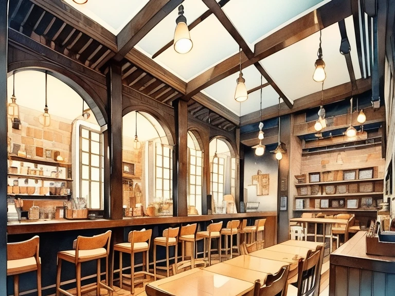  Coffee shop scenery,   coffee shop、Retro Cafe、Modern feel、Attic atmosphere、There is a counter、There is a bookshelf、Soft light and dark 、 using colorful colors、 pale shade、