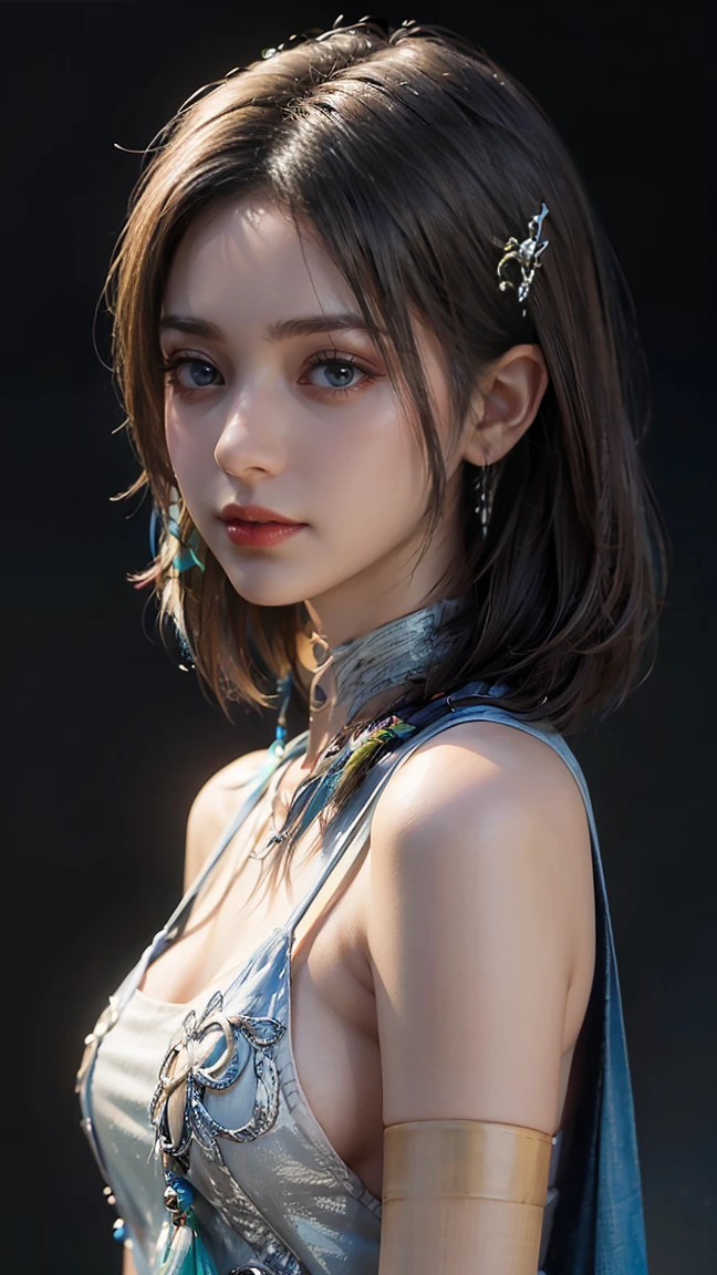 4K,1、(((Tops))),  Hi-Res, Super detailed), 1 female, 28 years old, Final Fantasy Yuna x2, More mature, (( simple background)), Plain background, (( There is nothing in the background )),  surreal, Yuna&#39;Final Fantasy Costumes, Yuna&#39; Final Fantasy X2 Original Costume Design, (((nsfw://www. Creative Uncut .。.。./Gallery - 01/ff10-2-Yuna 2...html))), ボロボロにoutcropしたデニムショートパンツ, Characteristics of asymmetrical clothing, , Optimal Clothing Simulation, It&#39;s not a necklace, 1 female, Windy Night, Yuna's Bob Hairstyles, Big Breasts,  clevis, middle_Chest, Thick body, smile, ,  close-up shot ,  shot from the front, Zoom in shot, Access HIPS image scope, smile with closed mouth, Head to waist,  character looking at camera, I&#39;Iはあなたを見ています, Yuna FFX,  blue beaded earrings,((( Only the upper body is completely naked ))),smile,(((amusement park))),(((Nipples))),(((outcrop))),(((Chestの谷間)))