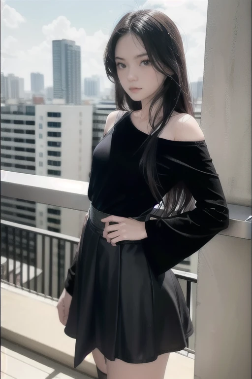 a thailand woman model stands on a balcony,25 year old,pale skin, her long-haired brown hair cascades over her shoulders. She is dressed in a invisible black long-sleeved Very short t-shirt, a vibrant red corset, and a black skirt adorned with black stripes. Her skirt is tied at the waist with a black string, adding a touch of contrast to her outfit. The backdrop is blurred, creating a stark contrast to the model.