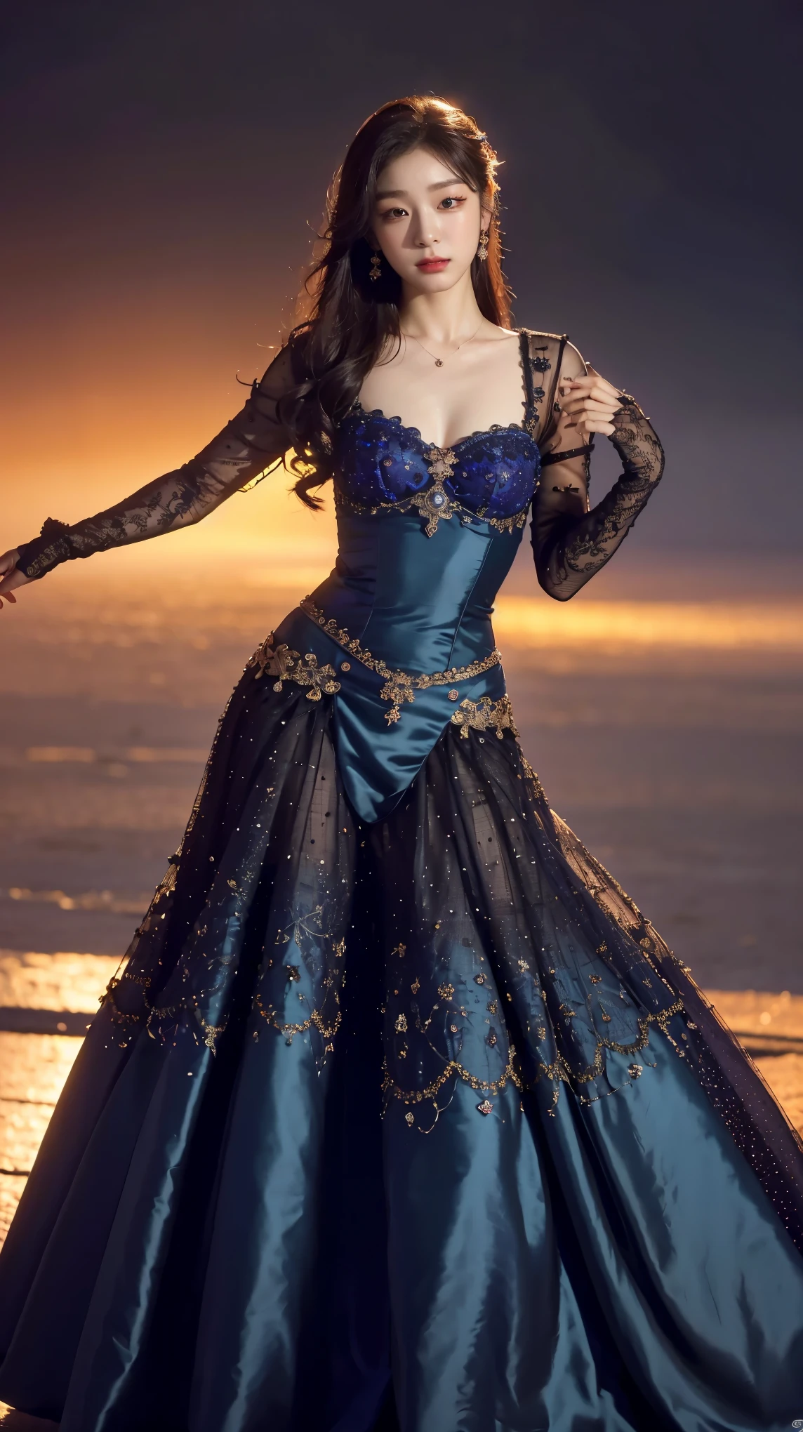 RAW photo, woman 25 years old, Waist-length image in the center of the composition, ((long, black, curly hair)), blue eyes, haughty, bitchy, arrogant, gold embroidered early medieval (dark blue dress) with long, wide, spacious straight sleeves, in a medieval castle, blurred background, 8K UHD, dim lighting, hiquality, Film grain, Fujifilm XT3 --auto --s2
