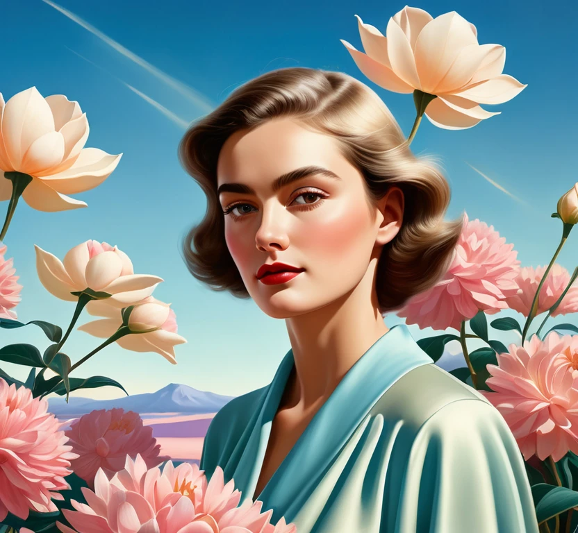 High quality hd, expertly arranged composition, soft hues, dynamic lighting, artistic style of georgia I’keefe, background of sky, foreground of woman wearing flowers.