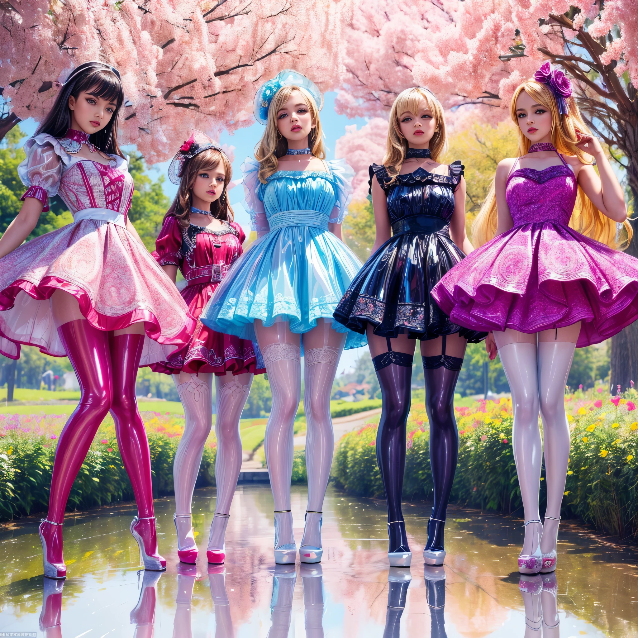 ((full body shot):1.5), a group of American babes,((KGB style):1.3), (in elegant Classic ta Princess Dress),( high waisted short dress :1.3), The background is a fantastic A creek in the flower field, ((Standing and posing)), Bimbo, (Muticolored:1.4), (Wear dresses of different colors:1.2),point-toe high-heels , ornate and luxurious patterns and accessories, fashionable attire,( colored pantyhose:1.3),( Full of patterns:1.3), highly detailed full body shot, posed gracefully, stand in a row, Wear a Headwear, (mixed monochrome:1.1), (GLOSSY refection collection:1.4),loraavril , hyper realistic, 8k, dramatic lighting, cinematic, fashion editorial, vogue magazine cover, rich color palette, elegant, glamorous,`