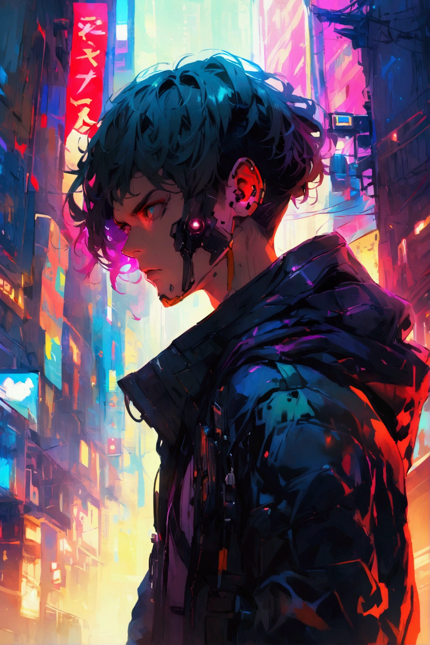 Cyberpunk male, fantasy world, dark background, clean design, epic instagram, artstation, colorful paint splatter, silhouette, hyper detailed intricate details, unreal engine, fantasy, intricate details, splash screen, complementary colors, Fantasy concept art, 8k resolution, deviantart masterpiece, oil painting, heavy strokes, paint dripping, (isolated on white background: 1.3), rainbow skin, (((handsome young man))), ((teenage:1.5) ), (glowing blue eyes), ((light eyes)), ((((short white hair: 1.1))), ((black clothes)), (prince\\(indifferent expression\\),, ( ((Wears high detail luxurious black robe))), white hair, (chest) --v 6