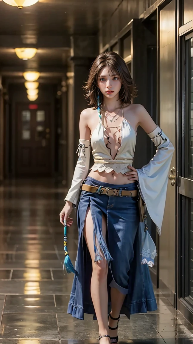  1 girl,  blue beaded earrings, Brown Hair,  Detached Sleeve ,  necklace , Alone, Yuna (ff10), Yunaffx,  medium breasts, full body, walk, corridor,  watching viewers ,  hand on hip,nude