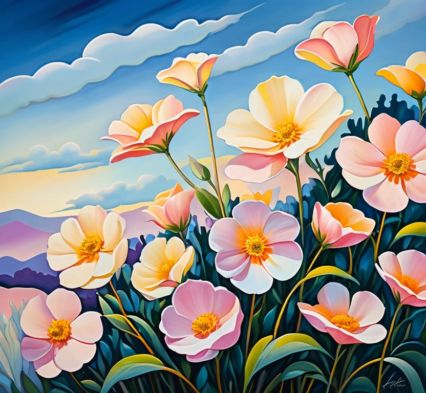 High quality hd, expertly arranged composition, soft hues, painting, large brush strokes, dynamic lighting, artistic style of georgia I’keefe, background of sky, foreground of flowers.