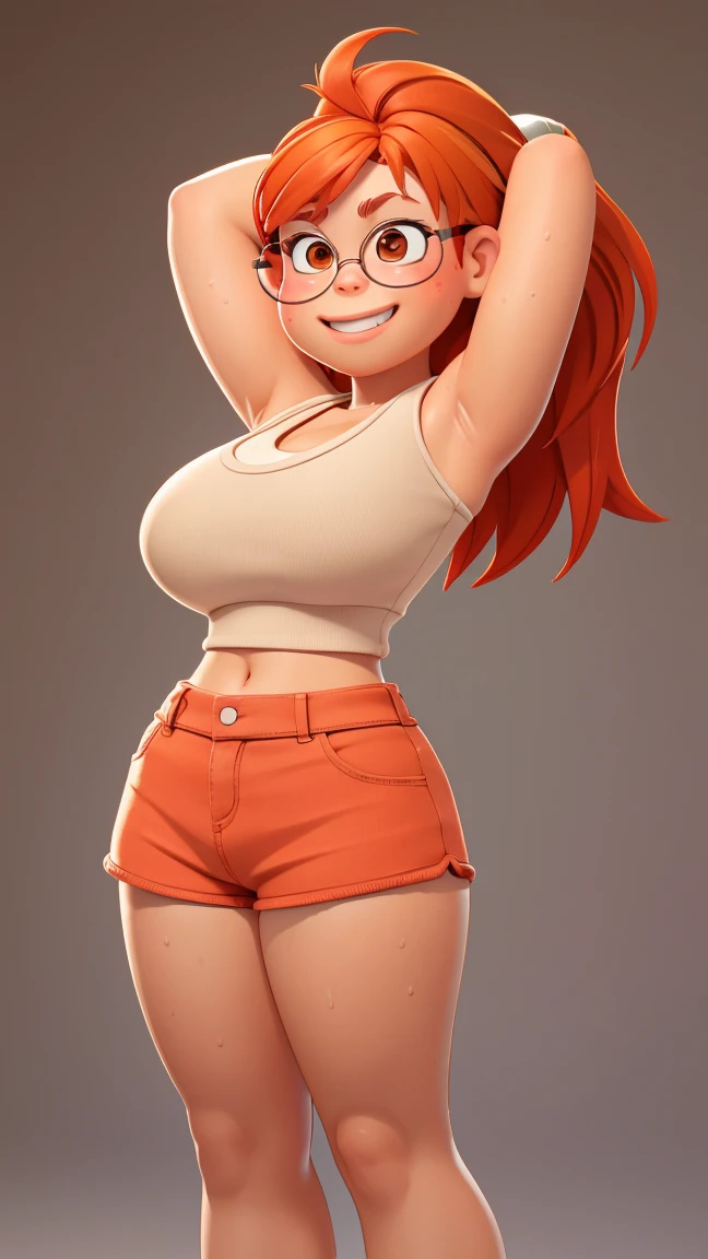 (shiny skin), body focus, (navel visible), (((hips visible))), illustration, ((very oversized tank top)), perky breasts, Beautiful character design, ,perfect lighting, Colorful, Bright_Front_face_Lighting, (vibrant_color:1.2), (Beautiful, large breasts:1.4), full body view, running shorts, adult, adult,
Reddish-orange hair, red hairclip, circular glasses, (brown eyes:1.2), tank top, smile (chubby:1), extremely short shorts, of small stature, glistening sweat, cleavage, ((Raise your arms behind your head)), ((spread legs)),