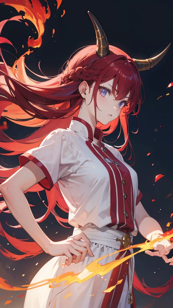 masterpiece, red hair, blewed hair, shooting magic fire, majestic horn, majestic fit, serious