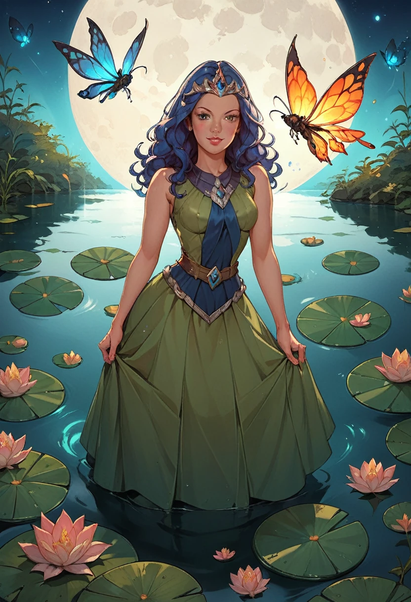 inx floating in a tranquil lotus pond under a full moon, surrounded by glowing fireflies and lily pads; her chaotic weaponry floats around her like discarded toys, as she peacefully watches the moon’s reflection on the water.