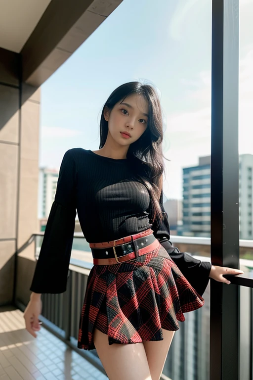 a thailand woman model stands on a balcony,25 year old,pale skin, her long-haired brown hair cascades over her shoulders. She is dressed in a invisible black long-sleeved Very short t-shirt, a vibrant red corset, and a black skirt adorned with black stripes. Her skirt is tied at the waist with a black string, adding a touch of contrast to her outfit. The backdrop is blurred, creating a stark contrast to the model.