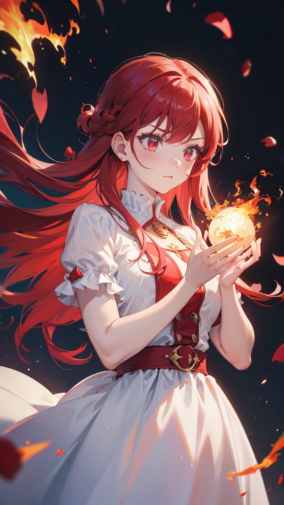 masterpiece, red hair, blewed hair, chanting magic fireball, majestic queen white dress, serious, fire effect, fire detail