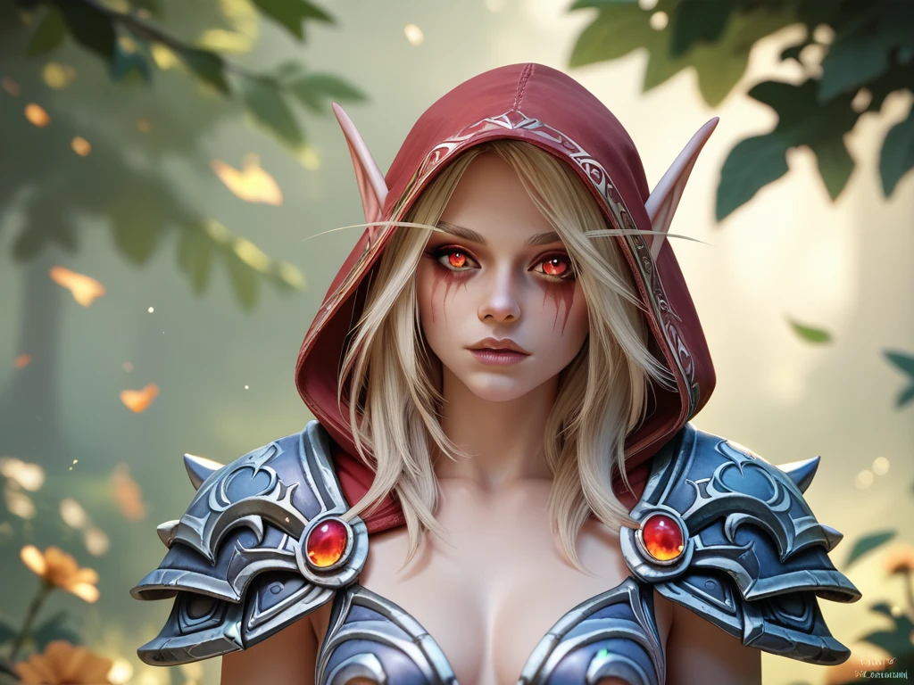 red eyes, sylvanas_windrunner, sylv-lora, 1girl, elf, bikini armor, solo, breasts, armor, pointy ears, hood, undead, colored skin, glowing eyes, large breasts, blue skin, cleavage, quiver, shoulder armor, blonde hair, masterpiece, best quality, focus_face, close-up,