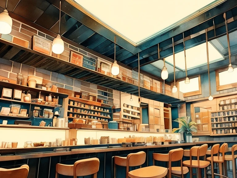  Coffee shop scenery,   coffee shop、Retro Cafe、Modern feel、 attic atmosphere、The ceiling is oblique、Small store 、There is a counter、There is a bookshelf、Soft light and dark 、 using colorful colors、 pale shade、